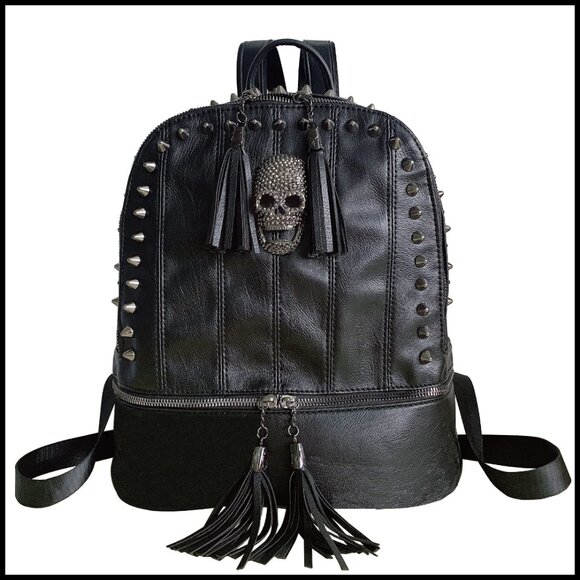 Gothic Punk Rock Faux Leather Backpack Studded Skull Tassels Daypack main image 4